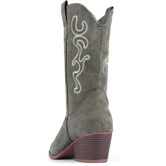 Women Oliver Suede Mid Calf Chunky Block Heel Western Embroidered Cowgirl Boot - Picture 4 of 7